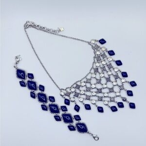 Vintage Lucky Brand SilverTone Bib Necklace Blue Dangle Gems Matching Bracelet